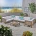 Frankie Outdoor 9 Piece Acacia Wood U-Shaped Sectional Sofa Set with Coffee Table and Cushions Gray White