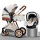 3 in 1 Baby Stroller with Car Seat,Foldable Aluminum Alloy Pushchair with Adjustable Backrest,High Landscape Convertible Reversible Bassinet Pram for Infant & Toddler (Color : Cream)