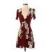 ASTR The Label Casual Dress - Mini Plunge Short sleeves: Burgundy Floral Dresses - Women's Size Small