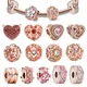 925 Silver Rose Gold Heart Charm Shiny Openwork Round Beads Fit Pandora Original Bracelets Fashion