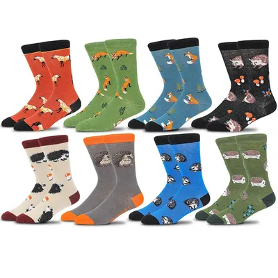 Men's Dress Socks - Colorful Funky Socks for Men - Cotton Fashion Animal Hedgehog Fox Patterned Socks