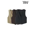TRAF-Cropped Front Button Waistcoat for Women V-Neck Sleeveless Vest Female Outerwear Chic Tops