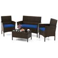 Costway 4 Piece Patio Rattan Conversation Set with Cozy Seat Cushions-Navy