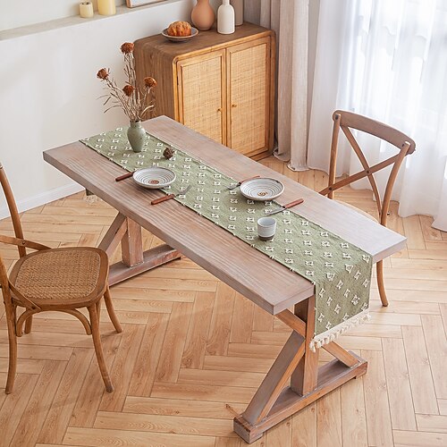 Tischläufer mit Quasten, Frühlingsstern-Applikation, Vintage-Stil, französisches Landhaus, doppellagiges Polyester Image