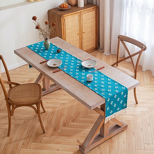 Tischläufer mit Quasten, Frühlingsstern-Applikation, Vintage-Stil, französisches Landhaus, doppellagiges Polyester Image