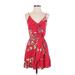 Express Casual Dress - Mini Plunge Sleeveless: Red Print Dresses - Women's Size Small