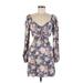 Forever 21 Casual Dress - Bodycon V Neck Long sleeves: Blue Floral Dresses - Women's Size Medium