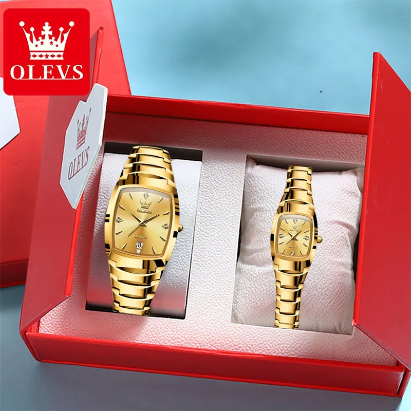 Olevs Gold Wolfram Stahl Uhr für Männer Frauen Luxus er und ihre Uhr Set quadratisches Zifferblatt Paar Uhr Top Marke Armbanduhr Mann Image