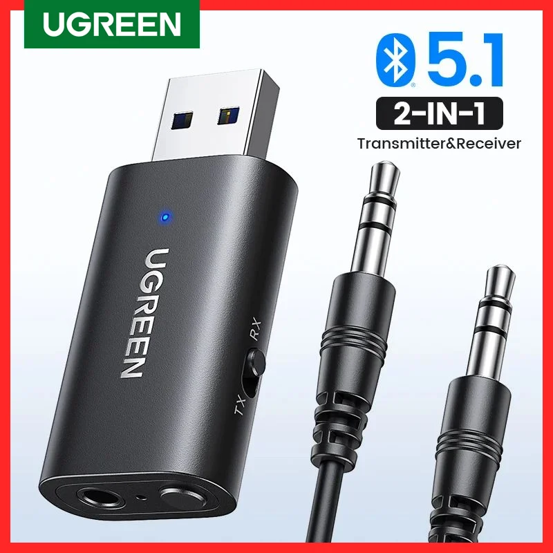 Trasmettitore ricevitore Bluetooth UGREEN 2 in 1 adattatore Bluetooth 5.1 ricevitore per auto Wireless Aux per altoparlante Stereo per auto Jack da 3.5mm