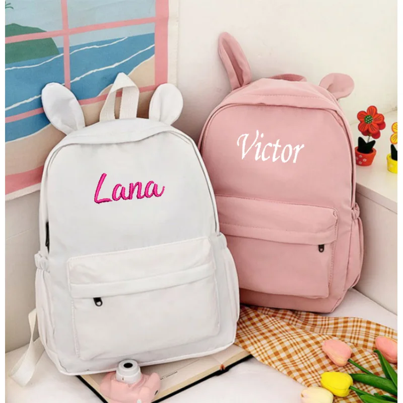 Nom personnalisé couleur unie lapin école étudiant sac à dos personnalisé enfants mode grande capacité cartables sac à dos léger