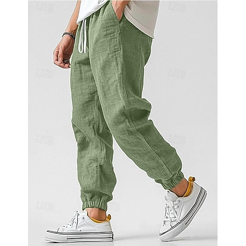 Herren Leinenhosen Hose Sommerhose Elastischer Bund Gerader Schnitt Hohe Taille Einfarbig Komfort Atmungsaktiv Volle Länge Hochzeit Ferien Urlaub Mode Graues Grün Schwarz Hohe Taille Unelastisch Image
