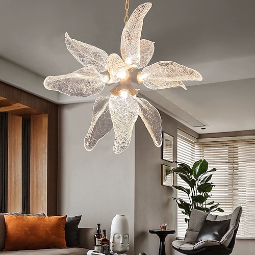 Hängelaternen-Design, 8 Köpfe, warmweißes Licht, 80 cm, Aluminium, Acryl, italienisches Blumenlicht, Luxus-Wohnzimmer, Villa, Hotel, Lobby, Schlafzimmer, Blattlicht, 110–240 V Image