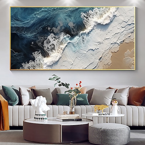 Großes handgemaltes Meer-Leinwand-Ölgemälde, handgemachte blaue Meereslandschaft, abstraktes Gemälde, handgemaltes weißes Wellengemälde, strukturiertes Meeresgemälde, Muttergeschenk für Image