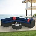 Highsound 7 Piece Outdoor Patio Furniture Set PE Rattan Wicker Sofa Set Outdoor Sectional Furniture Chair Set with Cushions and Coffee Table Navy Blue
