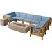 Great Deal Cytheria Outdoor Acacia Wood 8 Seater U-Shaped Sectional Sofa Set with Fire Pit Gray and Dark Gray