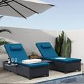 Outdoor PE Wicker Chaise Lounge for Outside - 2 Piece Patio Furniture Set Black Rattan Reclining Chair Beach Pool Adjustable Backrest Sunbathing Recliners with Peacock Blue Cushions