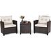 3 Pieces Patio Set PE Rattan Wicker 3 Pcs Outdoor Sofa Set w/Washable Cushion and Tempered Glass Tabletop Conversation for Garden Poolside Balcony (Beige)