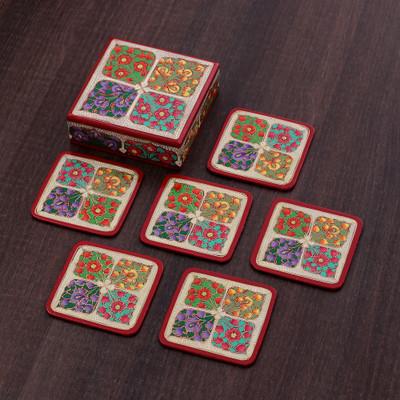 Lovely Elixir,'Set of 6 Floral Painted Red Wood an...