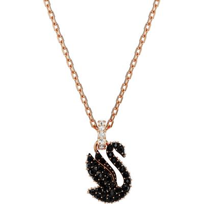Kette mit Anhänger SWAROVSKI "Swarovski Iconic Swan", schwarz (roségoldfarben, kristallweiß, schwarz), Halsketten, Damen, Metall, L: 49cm, mit Emaille - mit Swarovski Kristall Image
