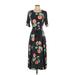 Nina Leonard Casual Dress - A-Line: Black Floral Dresses - Women's Size Small Petite