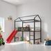 Metal House Bed Kids Bed With Slide Loft Bed with 2 Sided Wooden Board, Black+Red