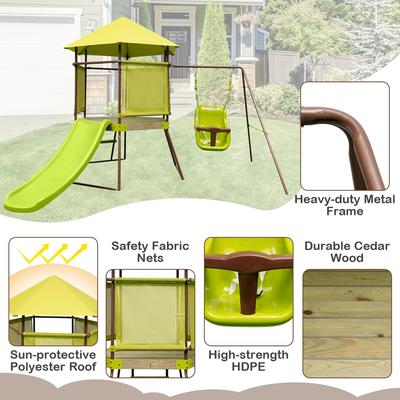 Costway 4-in-1 Swing Set with Covered Playhouse Fort Height Adjustable - See Details