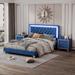 Set of 2 Bedroom Set Queen Size Upholstered Platform Bed with 2 Nightstands, Blue