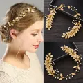 Goldfarbe Kristall Perlen blatt Stirnband Tiara für Frauen Braut Party Braut Hochzeit Haarschmuck