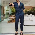 Men Jumpsuits Overalls Long Sleeve Single Breasted Button Turn Down Collar Solid Pencil Pants High