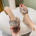 Sandales à Talons Grossiers et Strass pour Femme Pantoufles à Perles Chaussures à la Mode Grande
