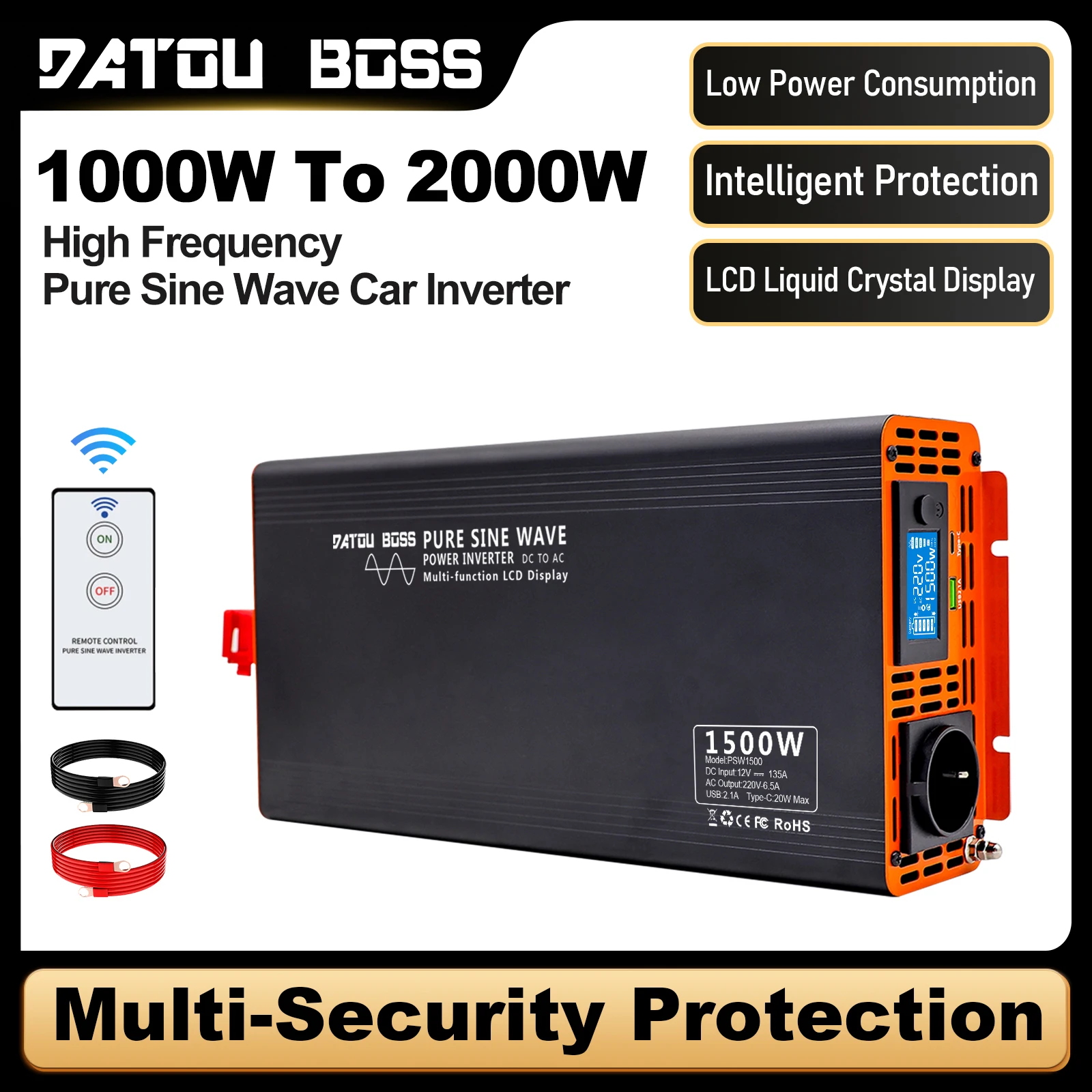 DATOUBOSS onduleur de voiture à onde sinusoïdale Pure 4000W DC12V 24V 36V 48V 60V 72V à AC 220V-240V puissance continue 2000W avec onduleur LCD