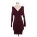 Shein Casual Dress - Mini Plunge 3/4 sleeves: Burgundy Solid Dresses - Women's Size Small