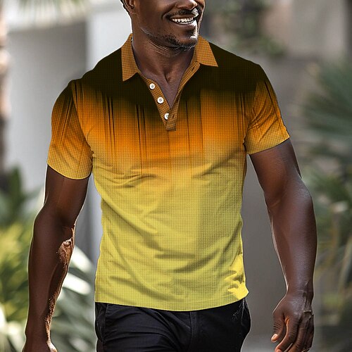 Herren Gestreift Golfshirt Kurzarm Polo-Shirts Hemden mit Kragen Lässig Urlaubskleidung Formelle Kleidung Festivalkleidung 3D-Druck Knöpfe Sommer Frühling Gelb Orange Image