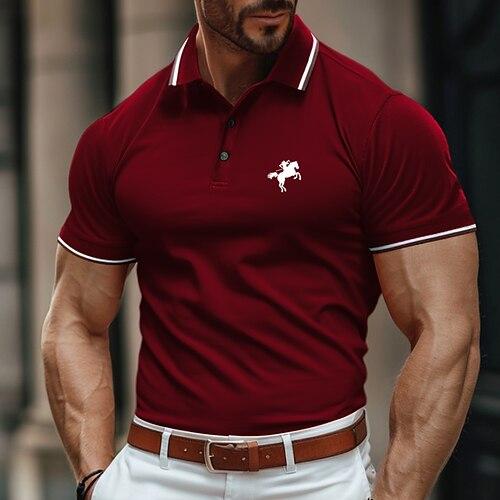 Herren Poloshirt Golfhemd Casual Festtage Kargen Kurzarm Modisch Basic Farbblock Pferd Patchwork Stickerei Sommer Regular Fit Schwarz Burgunderrot Grün Poloshirt