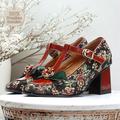 Femme Chaussures à Talons Escarpins Chaussures faites à la main Chaussures Vintage Mariage Soirée Saint Valentin Floral Talon bloc Elégant Rétro Vintage Tissu Lanière en T Noir / Rouge