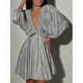 Mini robe Femme robe soirée manche longue Eté Printemps Automne - Elégant Soirée Trapèze Dos Nu Paillettes Etincelant Plein Manche Gigot V Profond Col V Mariage Anniversaire Mince Argent Noir Gris S