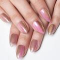 SHNWU Golden Pink Ombre Press on Nails Medium Almond Handmade Chameleon Gel Magnet Cat Eye Fake Nail Kit Nude Glitter Magnetic Glue on Nail Short Oval Stiletto Jelly Stick False Nail for Women