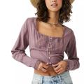 Free People Tops | Free People Joi Blouse Top Long Sleeve Cotton Cropped Eyelet Roan Rouge Large | Color: Pink/Purple | Size: L