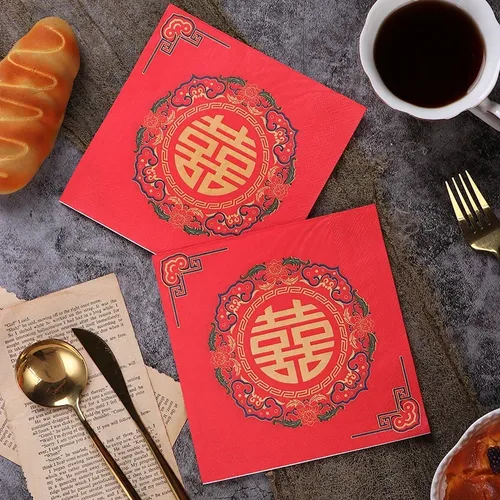 Chinesisches rotes doppeltes Glück bunte Servietten bedrucktes Seidenpapier Hochzeit Weingläser