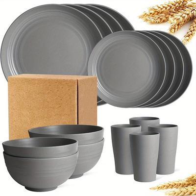 16pcs Unbreakable Dinner Plates, Wheat Straw Dinnerware Sets, Microwave Dishwasher Safe, Reusable Dinnerware, Black Set 8pcs Plates, 4pcs Bowls, 4pcs Cups
