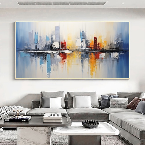 Handgefertigtes Original-Stadtbild-Ölgemälde auf Leinwand, Wandkunst, farbenfrohe Gebäude, Heimdekoration mit gespanntem Rahmen/ohne Gemälde mit Innenrahmen Image