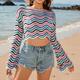 Women's Shirt Crop Top Striped Vacation Beach Print Crochet Bell Sleeve Black Long Sleeve Casual Crew Neck Spring Fall