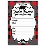 Lumberjack Rustic Birthday Party or Baby Shower Invitations (20 Count) with Envelopes - Bear Design Red Plaid Background - 4 x 6 - Heavy-Weight Card Stock - Perfect for Rustic Outdoorsy Celebration -