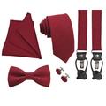 Burgundy Regular Tie, Slim Skinny Tie, Bow Suspenders With Leather Ends, Cufflinks, Pocket Square