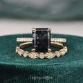 Hidden Halo Black Rutilated Quartz Engagement Ring Set Emerald Cut Salt & Pepper Crystal Bridal Vintage Rose Gold Women Promise Gift