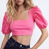 Zara Tops | New Zara Barbie Pink Balloon Ruffle Puff Sleeves Square Neck Rib Cropped Top M | Color: Pink | Size: M