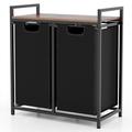 COSTWAY Laundry Basket, 2/3-Compartment Laundry Hamper Washing Basket with 2/3 Pull-Out Removable Bags and Shelf, Black Metal Frame Bathroom Dirty Clothes Bin Laundry Sorter (2 Large Bags)