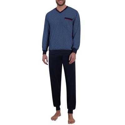Pyjama GÖTZBURG "Manhattan", Herren, Gr. 56 (XXL), blau (blau, dunkel, uni), Single Jersey, Obermaterial: 100% Baumwolle, bedruckt, gemustert, klassisch, bequem lang, V-Ausschnitt, Langarm angesetztes Bündchen, Homewear-Sets, Langarm, V-Ausschnitt,... Image