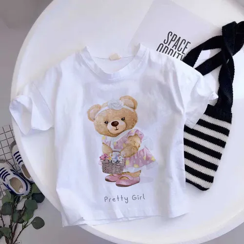 Mädchen T-Shirt Bär Teddybär Cartoon Kinder weiß schwarz Sommer lustige Kleidung kleines Baby y2k