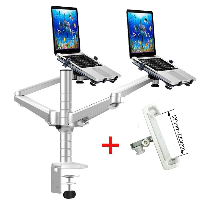 OA-12X aluminium multifunktionale dual arm zwei pad schreibtisch montieren 10 "-15" doppel laptop tisch halter stehen halterung klemme basis 65mm Image